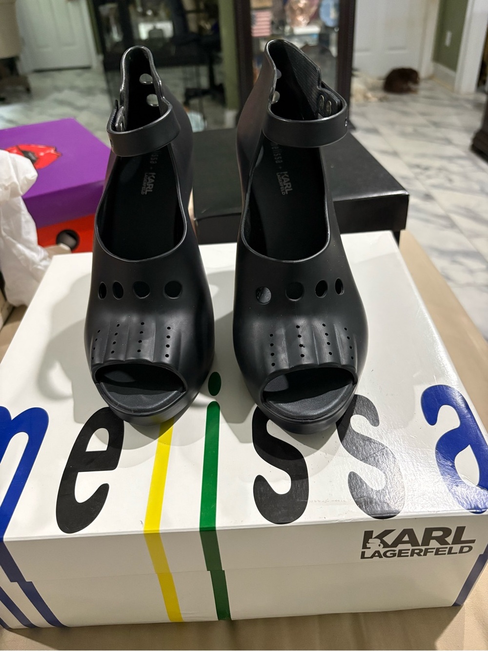 Melissa Karl Lagerfeld Black Peep-Toe Platform Ankle Strap Heels